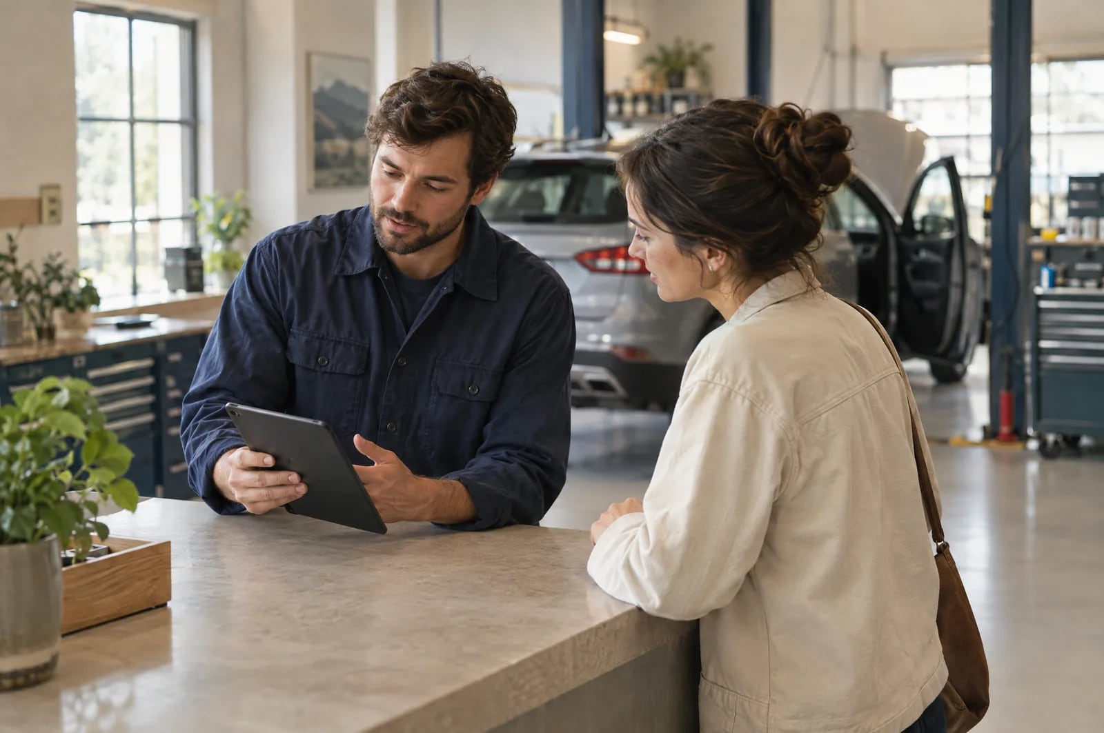 A fictional service advisor reviews a tablet with a customer at the counter of an independent repair shop.