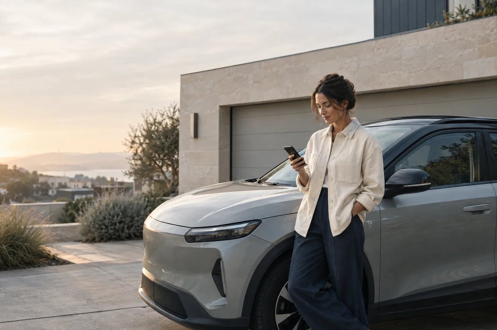 A fictional vehicle owner checks her phone beside a parked car outside a neighbourhood garage.
