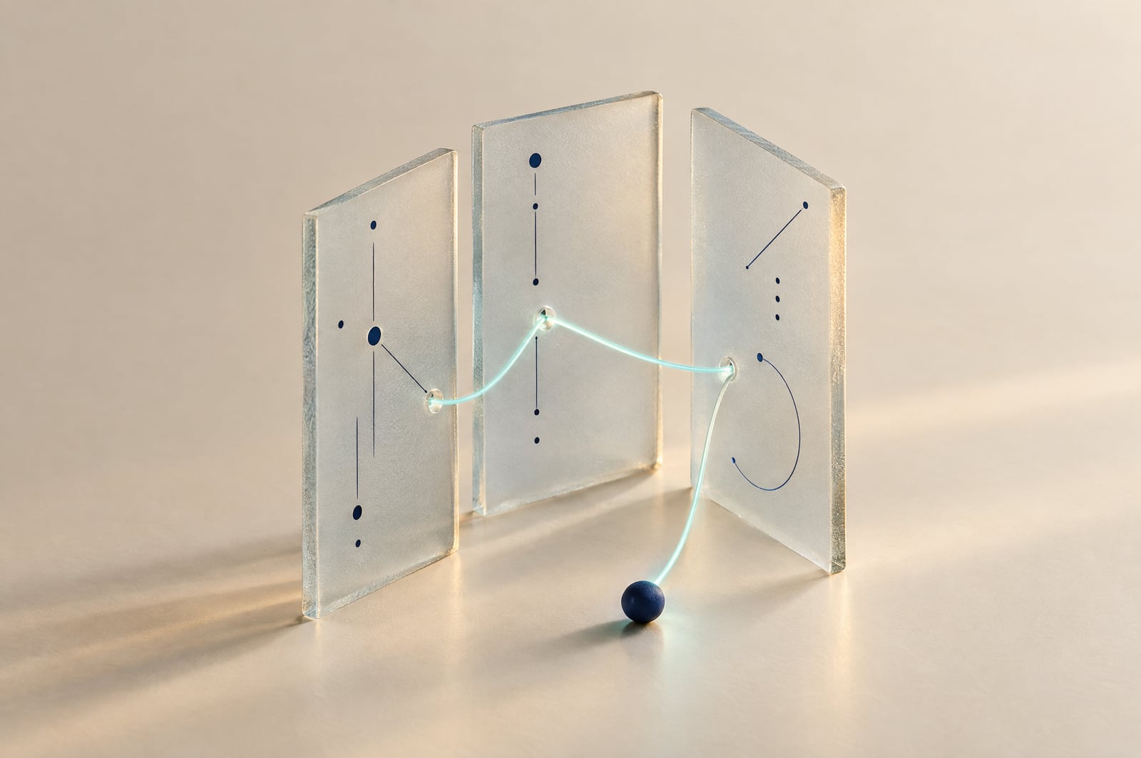 Translucent panels hold distinct point patterns, with an aqua thread connecting them in a conceptual study of traceable information.