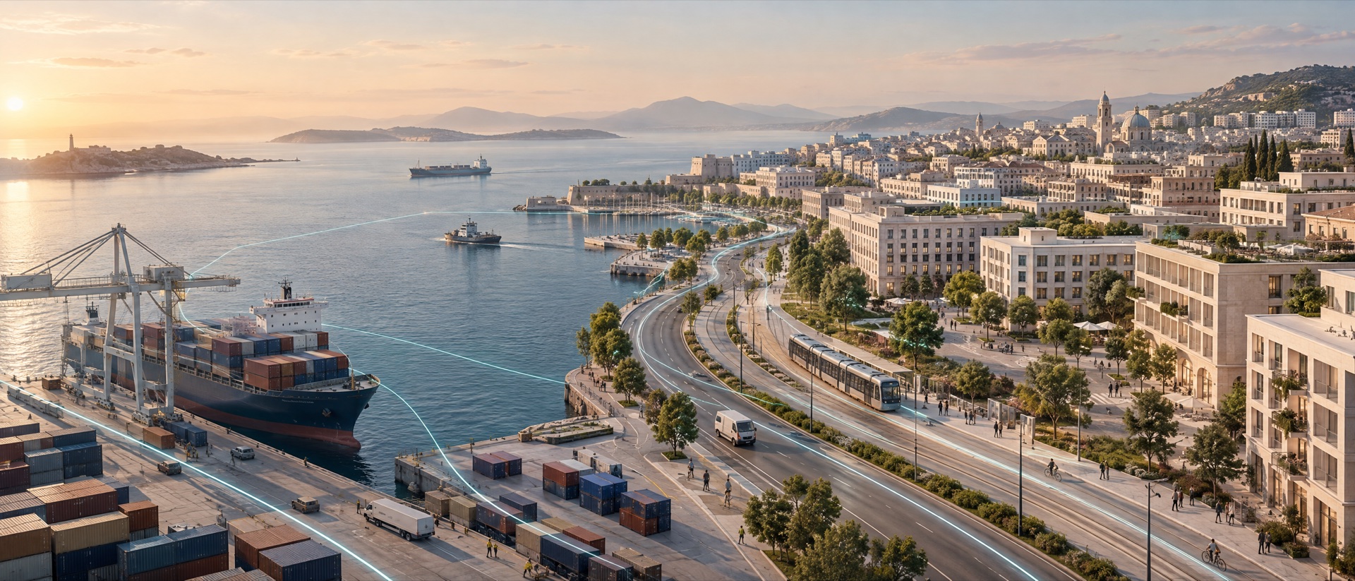 Conceptual coastal city connecting a container port, road and transit corridors, and walkable neighbourhoods.