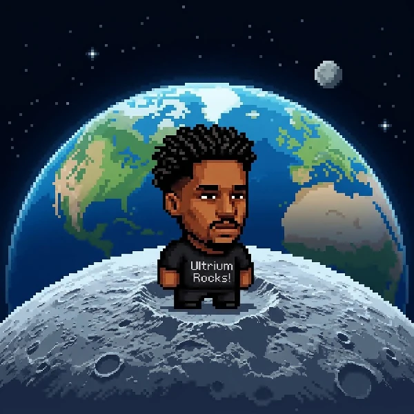 Pixel-art portrait of Paris Plain on the Moon with Earth behind him, wearing an Ultrium Rocks! shirt